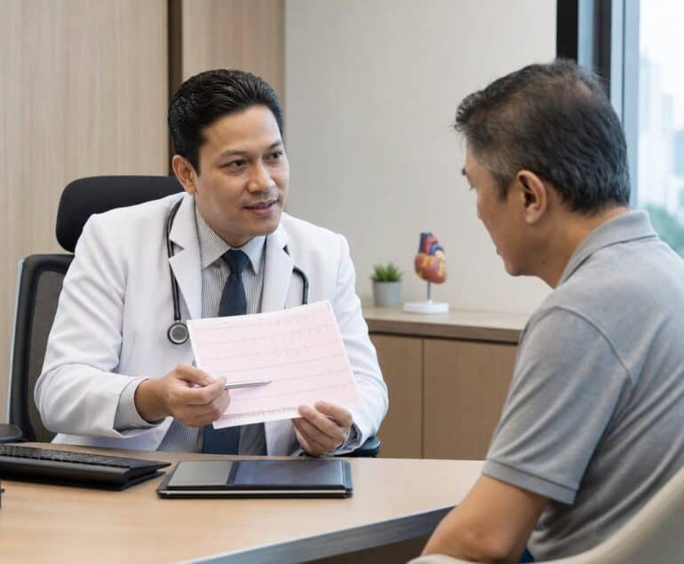 Cardiology consultation in Seremban with a doctor reviewing an ECG result