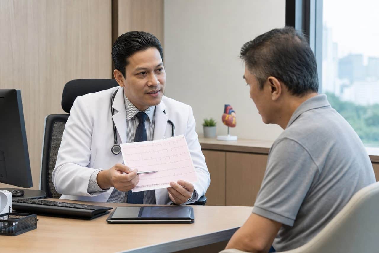 Cardiology consultation in Seremban with a doctor reviewing an ECG result