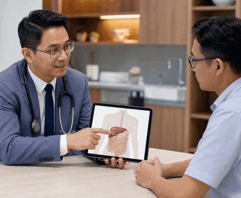 General surgeon explaining the gallbladder and gallstones during consultation