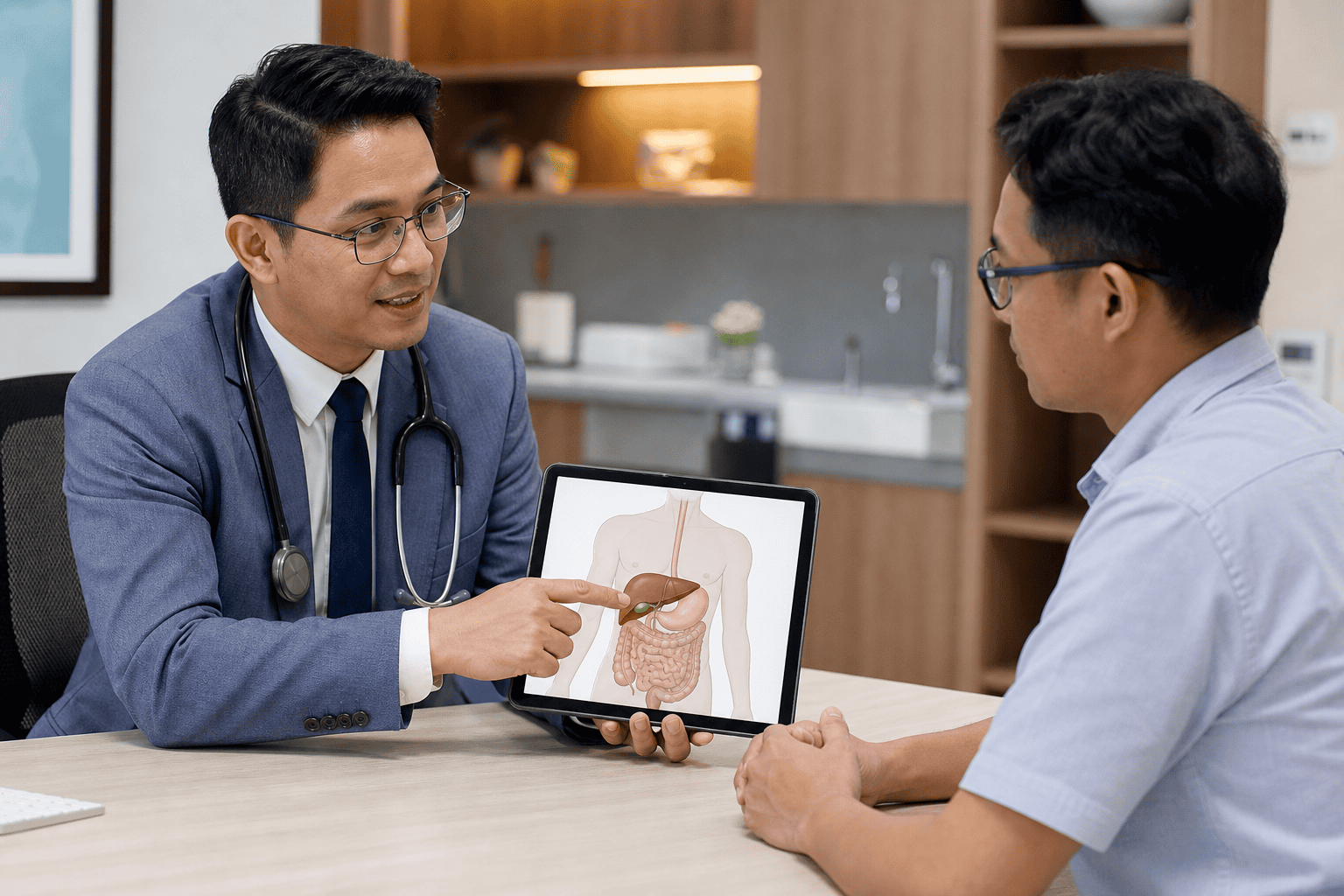 General surgeon explaining the gallbladder and gallstones during consultation