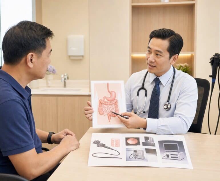 Doctor explaining gastroscopy and colonoscopy to a patient in Seremban