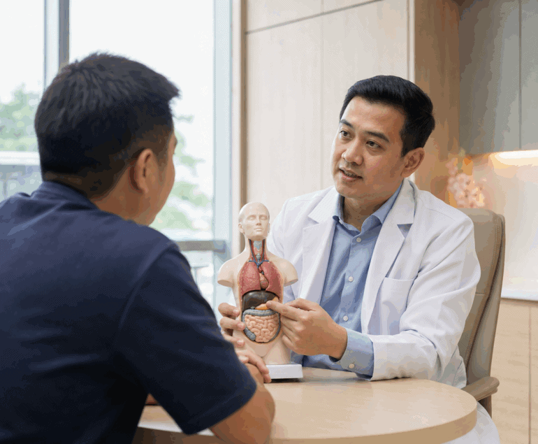 General surgeon assessing abdominal symptoms during a consultation