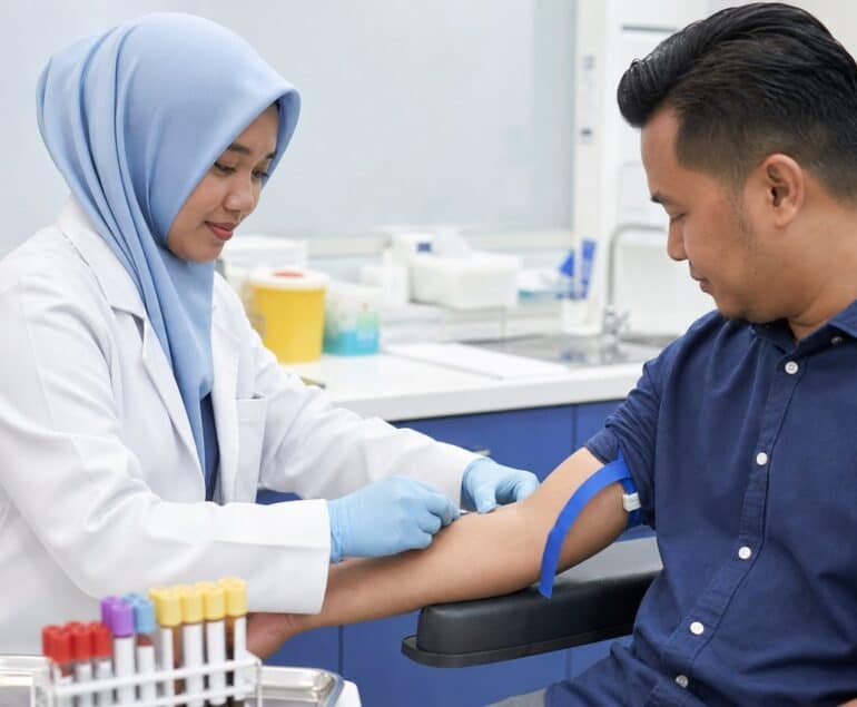 Healthcare professional collecting a blood sample for health screening