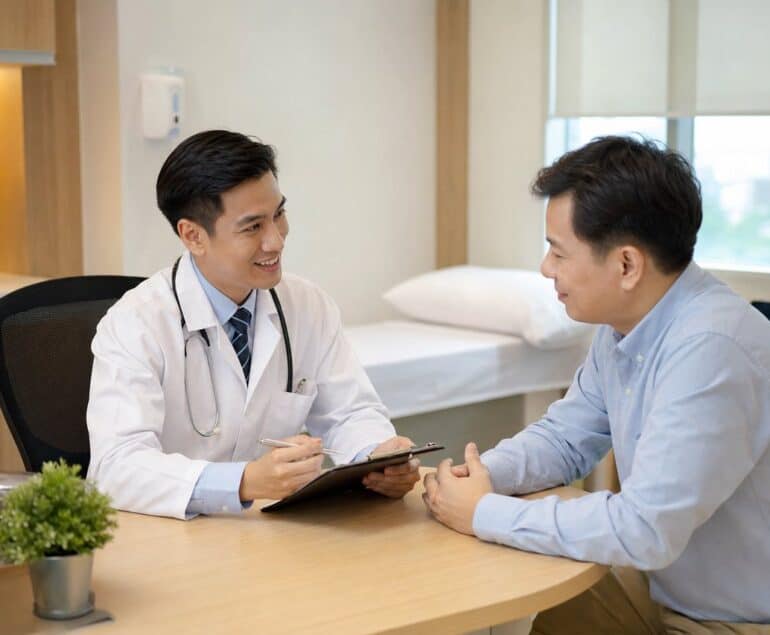 Doctor discussing health screening results with a patient in Seremban