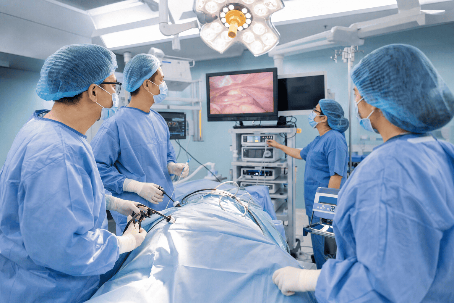 Minimally invasive surgical team in a modern operating theatre