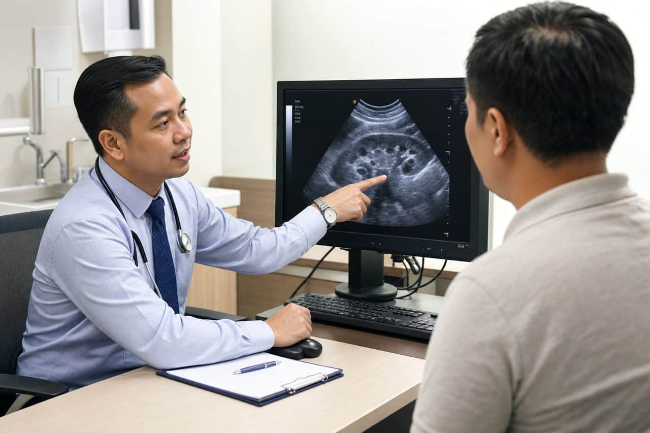 Doctor explaining a kidney ultrasound during a nephrology assessment in Seremban