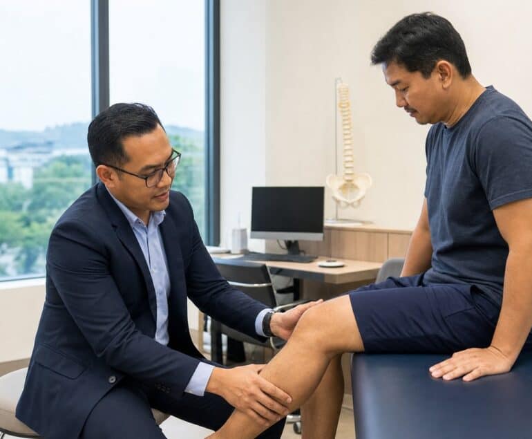 Orthopaedic specialist examining an adult patient's knee in Seremban
