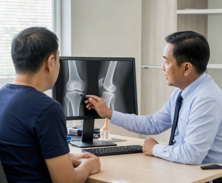 Doctor reviewing an X-ray with a patient during an orthopaedic consultation