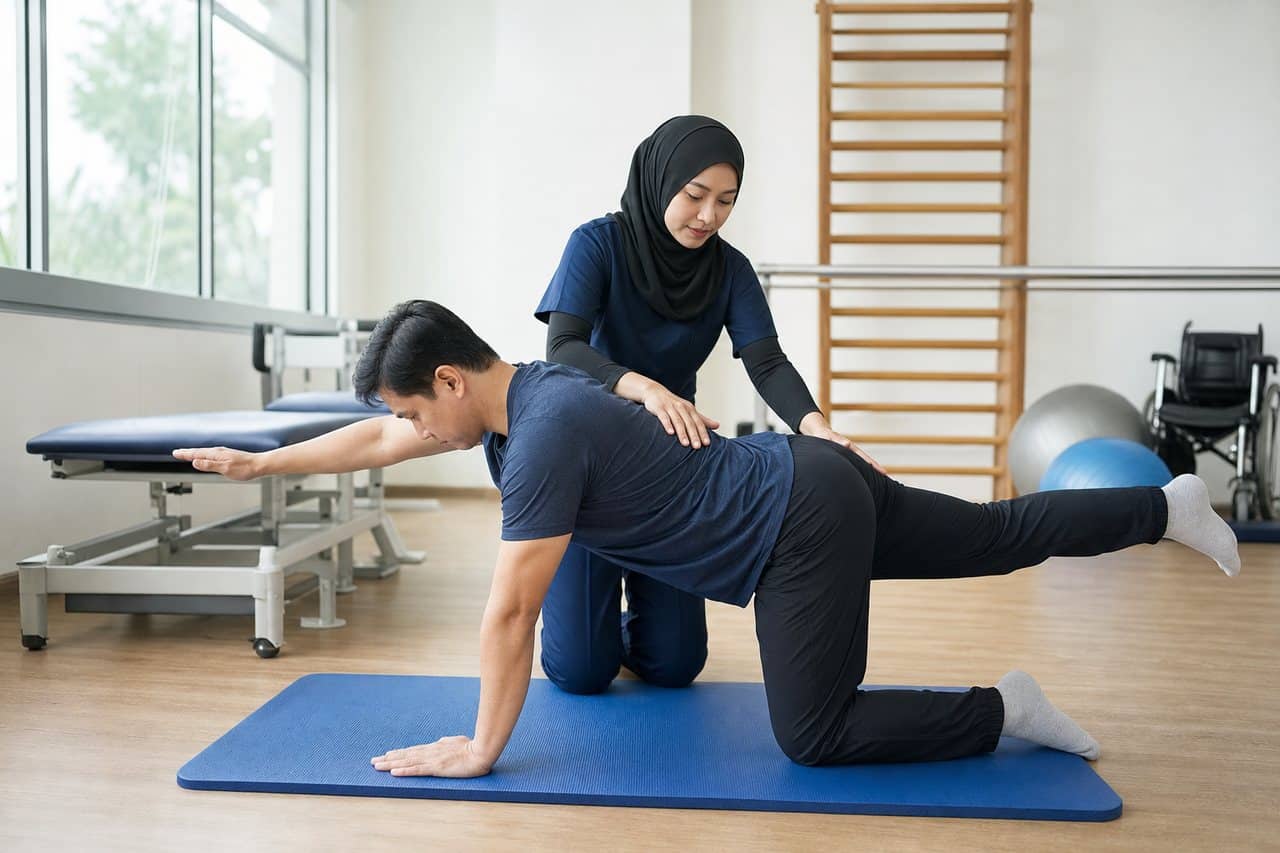 Physiotherapist guiding a patient through supervised rehabilitation